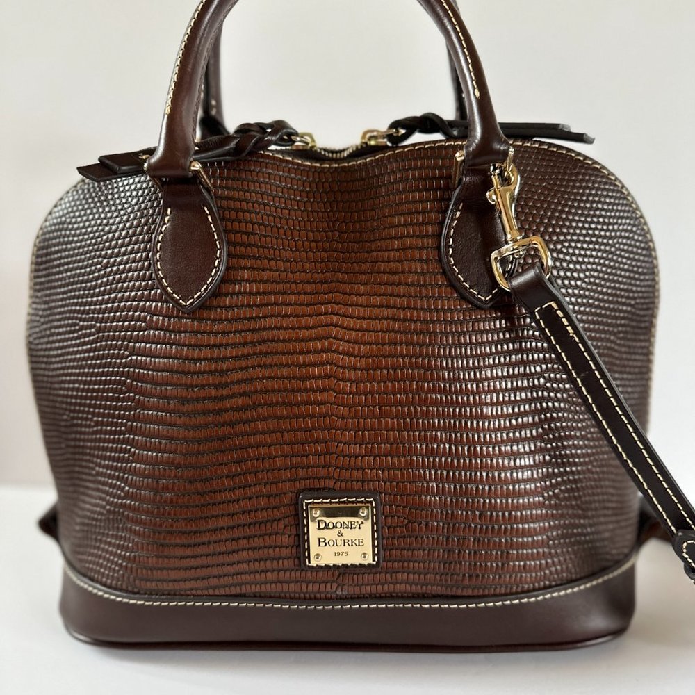 Dooney & Bourke Lizard Embossed Brown Leather Zip Zip Satchel Handbag